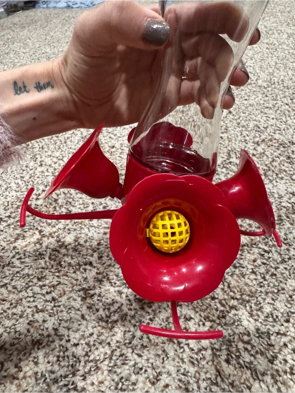 Like New Red and Glass Hummingbird Feeder - Home Accents